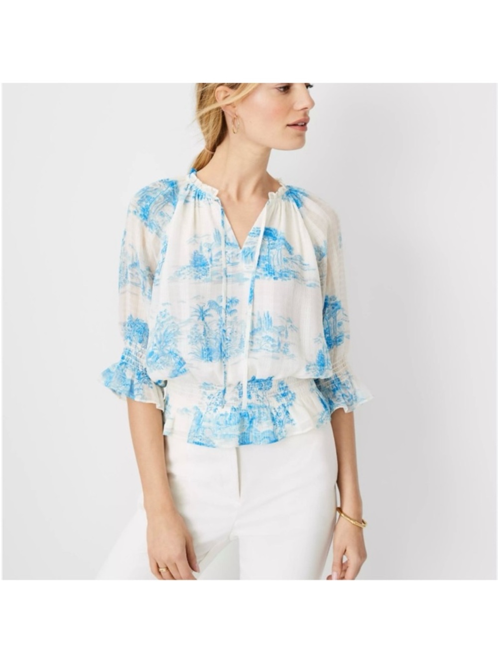 Ann Taylor blue & white floral toile feminine XXSP romantic smocked top